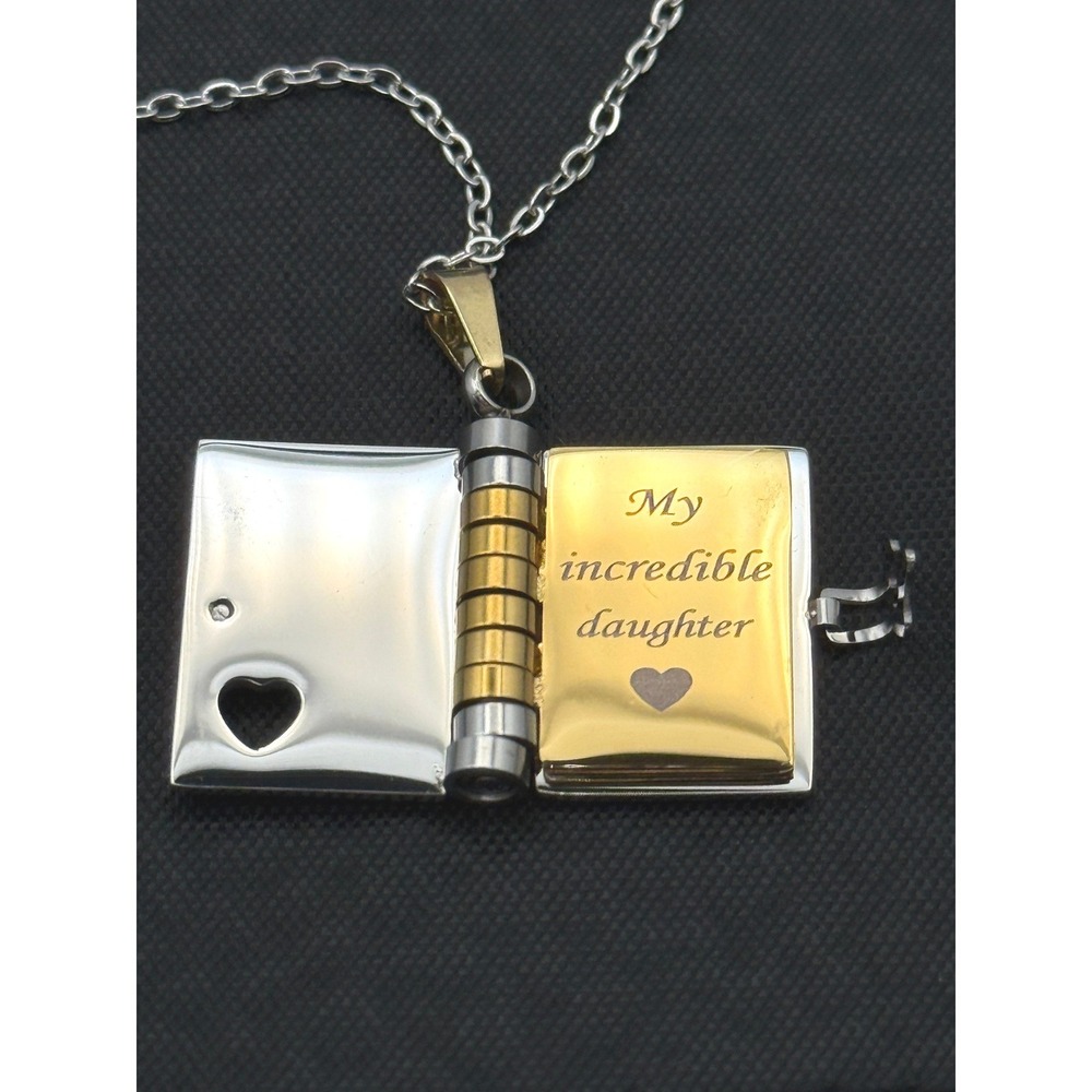 Worthy Always Daughter Book Locket Necklace Two Tone Stainless Steel 16in